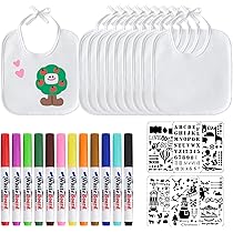 Kit De Baberos Para Pintar Bebé - 10 Baberos Blancos Impermeables + 12 Lápices Textiles + 8 Plantillas, Ideal Para Baby Shower