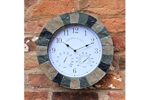 HH Home Hut Garden Wall Station Clock Slate effect Indoor Outdoor Temperature Humidity 35cm