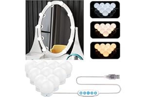 Aourow Luces de Espejo Maquillaje,Diseño de Cable USB Luz de Tocador LED con Interruptor y 10 Bombillas Regulables,5 Modos de Color y 6 Brillo (Sin Espejo y Cargador USB)