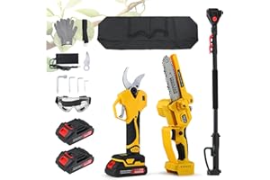 Moongiantgo 3-en-1 Sierra de Pértiga Inalámbrica & Podadora Digital, Tijeras de Poda 6,5cm & Motosierra 15cm con Pértiga Telescópica 2m, 2x2000mAh, Cabeza Ajustable, Bolsa Almacenamiento (amarillo)