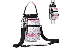 Nuovoware Magnetic Gym Bag Water Bottle Carrier Holder with Adjustable Shoulder Strap, 1000ml Magnets Magnetic Gym Bag Bottle Pouch Sling, 2 Pocket Sling Neoprene Organizer Sleeve, Floral Pink