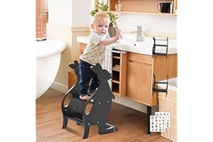BUEDEHAI Wooden 2 Step Stool for Kids, Adjustable Toddler Learning Standing Ladder Tower with Safety Rail and Anti-Slip Step, Kitchen Toddler Stool Helper for Bathroom Sink Toilet Potty Training (Black)