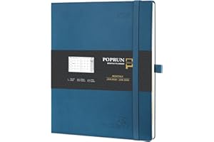 POPRUN Agenda 2024 2025 Mensuel 26,5 x 21,5cm - De jan. 2024 à juin 2025 avec Couverture Souple en PU Cuir, Poche pliable, Porte-stylo autocollant, Papier Certifié FSC®100 g/m² - Bleu nuit
