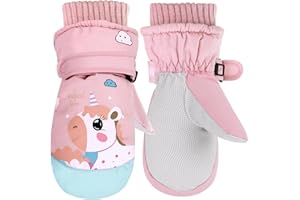 QKURT Gants de Ski Enfant, Moufles d’Hiver Chaud Fille 3-8 Ans, Gants Imperméables Enfants avec Doublure Polaire Chaude, Antidérapants et Coupe-Vent, Motif Licorne