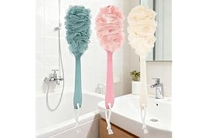 FuxFuis 3 PCS Brosse de Bain à Long Manche, Brosse pour le Dos Douche avec 3 Crochets Collants Brosse Douce pour le Corps 41cm Fleur de Douche avec Manche Long pour Homme et Femme (Vert, Rose, Beige)