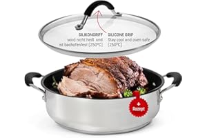COOLINATO casseruola in acciaio inox con coperchio in vetro 24cm 2,9l, pentola per brasare con coperchio e manici in silicone, lavabile in lavastoviglie