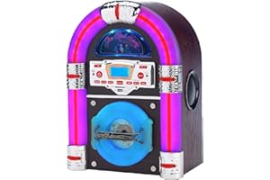 Steepletone Jive Rock 60, DARK Wood, Table Top Mini BLUETOOTH CD Jukebox, COLOUR CHANGING Light Tubes. AM, FM Radio, Mains Electric, Earphone, Remote Control. Music Streaming: Mobile Phones, Tablets