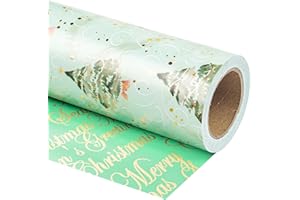 RUSPEPA Papel De Regalo Navideño Reversible - Mini Rollo - 43,2 Cm X 10 M - Árbol De Navidad Verde Acuarela Y Feliz Navidad con Brillo De Lámina Metálica para Vacaciones, Fiestas, Celebraciones