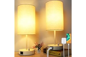 Wondlumi Ensemble de 2 lampes de table entièrement dimmables avec 2 ports USB, lampe de table moderne pour chambre à coucher et salon, abat-jour en tissu lin, ampoule LED de 8W incluse.