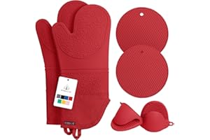 Rorecay Ofenhandschuhe & Topflappen Set - Extra Lange Küchenhandschuhe aus Silikon mit Mini-Schnapphandschuhen und Topflappen für die Küche zum Backen, Kochen oder Grillen 6er-Pack, Rot