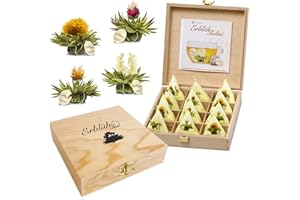 ‎CREANO Creano Teelini Teeblumen im Tassenformat, Geschenkset in Teekiste aus Holz, 12 ErblühTeelini in 4 Sorten, Weißer Tee, Geschenk für Frauen, Mutter, Teeliebhaber
