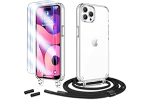 Anshow Hülle mit Band für iPhone 14 Pro, Handykette iPhone 14 Pro Hülle + 2 Schutzfolie, Stoßfest iPhone 14 Pro Case mit Handyband zum Umhängen, Clear iPhone 14 Pro Handyhülle mit Kette Schwarz