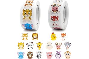 ZoZoMaiy 1000 szt. okrągłych naklejek w rolce ze zwierzętami, dla dzieci, nauczyciela, motywacyjna naklejka z 16 różnymi wzorami, samoprzylepna okrągła naklejka 2,5 cm, dla uczniów, dzieci, do klasy