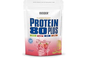 ‎WEIDER Weider Protein 80 Plus proszek białkowy o smaku truskawki, niska zawartość węglowodanów, wieloskładnikowe białko serwatkowe. 500g
