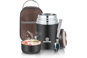 Dreamhigh® Termos per Alimenti 800 ml, Contenitore Termico per Alimenti Caldi, Thermos Pappa Neonati Acciaio Inossidabile con Sacchetto Isolante e Cucchiaio, Portavivande per Zuppa, Pasta (Nero)