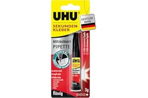 UHU Sekundenkleber extra stark | 3g Kleber Pipette für präzises Kleben | Sekundenkleber flüssig für Kunststoff, Metall, Holz, Keramik, Porzellankleber | Superkleber & Kunststoffkleber