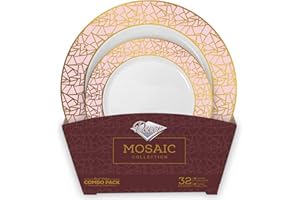 DECOR DECORLINE Decorline - Assiettes en Plastique Dur réutilisables de 32 pièces - Pour 16 Personnes - Collection Mosaic - Or/Rose - Assiette vintage - pour Anniversaires, Mariages & Fêtes