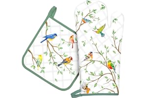 Arquiel Gants De Four & Maniques Lot De 2, 100% Coton Maniques Cuisine Gant Four Anti Chaleur Extra-Longue pour Barbecue, Cuisine, Griller, Micro-Ondes(Branche Oiseau)