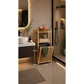 Bambu &Ccedil;amaşır Sepeti, Raflı ve Kapaklı, &Ccedil;ıkarılabilir Bezli, Banyo Organizeri, 40x30x95 cm