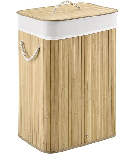 Juskys Curly Bamboe wasmand, hygiënische wasmand met deksel, draaggreep en waszak, 2 vakken, natuurlijke bamboelook, 100 liter, grijs