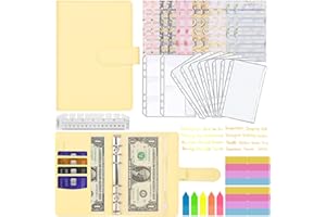 Carpeta de Presupuesto A6, MARICATO 29Piezas Carpeta de Cuaderno 6 Anillas de PU, con Bolsas de Transparente con Cremallera, Hojas de Presupuesto, Pegatinas, Indice de Clasificación, Regla-Amarillo