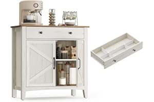VASAGLE Credenza Cucina, Mobiletto con Cassetto, Mobile con Ante e Ripiano Regolabile in Altezza, Stile Farmhouse, per Soggiorno Sala da Pranzo, 40 x 80 x 80 cm, Bianco Rustico e Noce Medio BBK341W01