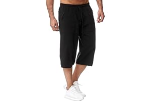 VANVENE Homme 3/4 Short Cargo d'été décontracté en Coton et Lin pour de Plage Ample à Cordon Pantalon de à élastique Shorts