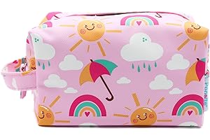 PONETTE - Neceser Infantil en Tejido Rosa con Divertido Estampado Multicolor de Soles, Arcoiris y Paraguas, Niño, Niña, Viaje, Estuche, Bolsa, Colegio, Piscina, Playa, Marca Española