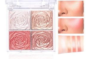 GEEWHILE Shimmer Blushers For Cheeks Make Up, 4 Colors Long-Lasting Blush Palette, 3 In 1 Blusher Contouring Highlighting, Natural-Looking Powder Smudge-proof & Sweat-Resistant Blush for Women (01)