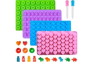 Warm TIME Silicone Gummy Bear Candy Molds, 4 Pack with 201 Cavities, Multi-Shape (Dinosaur, Bear, Heart, Mini Donut), Non-Stick, BPA Free