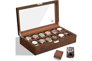 Slege porta orologi in Legno a 12 Posti,Scatola per orologi in Legno,Elegante Porta orologi uomo,Vetrina in Vetro Porta orologi per 12 orologi,Watch box per uomo Regalo (Marrone)