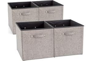 EZOWARE Large Collapsible Bamboo Fabric Storage Cube, Foldable Organiser Basket Bins with Handles for Kids Baby Nursery Room, Playroom Toys, Pack of 4, (33 x 38 x 33 cm, Gray)