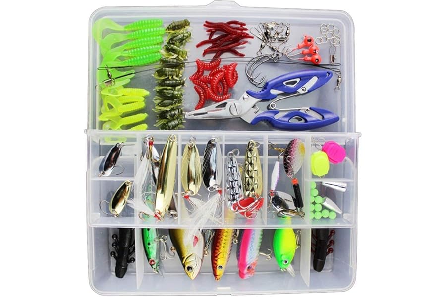Vicloon 120 PCS Fishing Lures Mixed Including Spinners,VIB,Treble Hooks,Single Hooks,Swivels,Pliers and Tackle Box