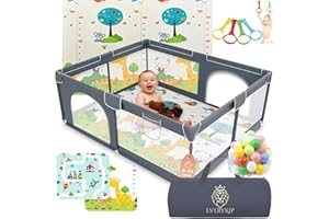 EveryKip® Parque Infantil Bebe 120x120cm Gris + Alfombra Suelo + Anillas + Bolas + Bolsa Transporte Corralito Bebe Plegable Malla Transpirable Baby Playpen