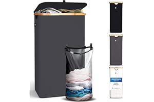 HENNEZ - Duży kosz na pranie z bambusa - Pojemnik na pranie z przegródkami - Wyjmowana bawełniana torba -Składany kosz do sortowania prania - Kosz na pranie szary 100 l z pokrywką - Worek na pranie