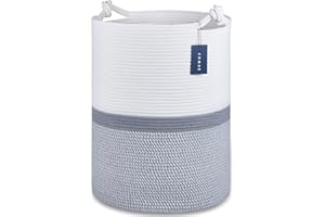 COMSE Extra Large Blanket Basket, Tall Woven Storage Basket, Nursery Hamper, 40 x 55 CM, Cotton Rope Laundry Hamper for Toys Clothes Towels, Blend White/Gray