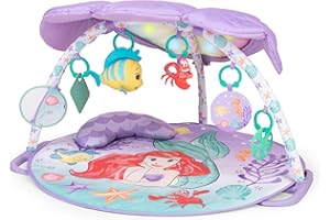 Bright Starts, Disney Baby, Manta de Actividades y Juegos de La Sirenita con Luces y 25 Minutos de melodías, 6 Juguetes extraíbles y cojín de Apoyo, Color Morado, para recién Nacidos en adelante