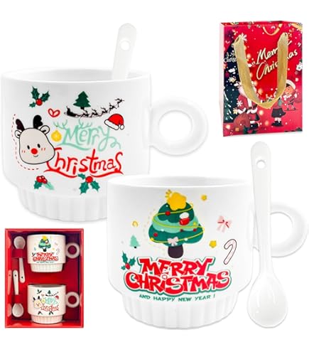 Yuragim Keramische Kerstboom Koffiekop Kerstmis Beker met Deksel en Roerstaaf, Schattige Kopjes Set, Kerstboombeker, 350ml Koffiebeker Winterkop Grappige Kerstmis Geschenken voor Vrouwen