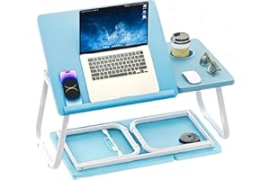 Blisswood Folding Laptop Table, Bed Desk With Foldable Legs & Cup Slot, Laptop Tray For Bed, Sofa Breakfast Folding Table Lap Desk Notebook Stand for Reading Writing Working (Blue)