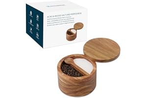KITCHENDAO Acacia Wood Salt and Pepper Bowl Box,Built-in Spoon,Two Compartments Spice Seasoning Container,Sea Salt Cellar Holder,Built-in Spoon,Magnetic Swivel Lid,Dual 5oz Capacity