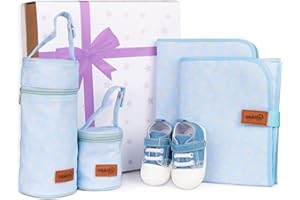 Bebesar® Canastilla Bebé Recién Nacido - Cesta regalo para bebe recién nacido compuesta por Caja regalo, Portadocumentos, Cambiador, Porta biberones, Porta chupetes y Zapatillas para bebé (Azul)