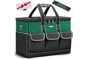 WINHUNT Tool Bag, 19-inch Wide Mouth Tool Organisers, 600 Denier with 6 Interior 8 Exterior Pockets Large Tool Bag for Home DIY & Equipment Storage, Green and Black (19 inch)