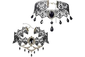 LYQNIHOB Collana Girocollo Gotica in Pizzo, Set da 2 pezzi, Nero con Strass e Ciondolo a Goccia, Perfetta per Feste di Cosplay, Donne e Ragazze amanti del Punk e del Vampiro,