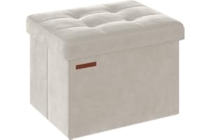 SONGMICS Puff Almacenaje, Banco de Almacenamiento de Terciopelo Plegable, Taburete Reposapiés, 31 x 41 cm, Carga de 130 kg, para Entrada, Sala de Estar, Dormitorio, Blanco Crema LSF200W01