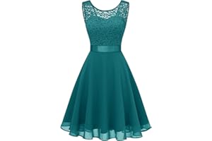 Berylove - Abito da donna, elegante abito da sera, adatto per cocktail, matrimoni, in chiffon, senza maniche, con pizzo