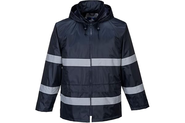 Portwest F440 Klassisk Iona Regnjacka Med Huva Vattentät Lättvikt Polyester | Marinblå, 3XL, EN 343 Klass 3:1, EN 17353, 2 Fickor, Normal Passform, Lång Ärm, Hög Synlighet, Maskintvättbar, Tejpade Sömmar