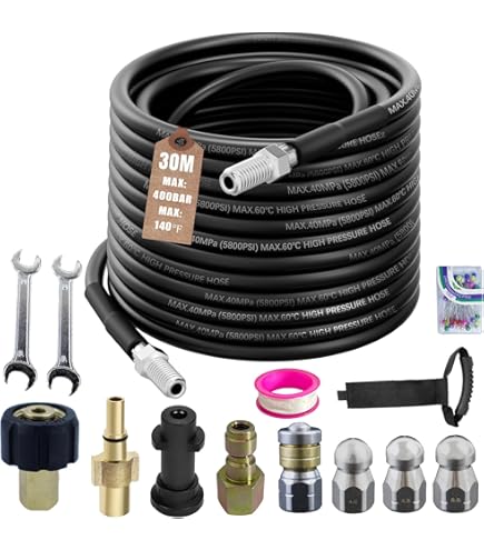Ampvolts 30m Rioolreinigingsslang met Messing Adapter – 400 Bar/5800 PSI, compatibel met Karcher K2 K3 K4 K5 K6 K7 hogedrukreiniger, afvoerreiniging