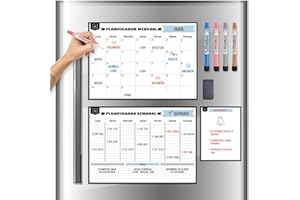 DESK GLOBAL - Pack 2 Calendario Magnético para Nevera Mensual y Semanal (42x30 cm) + Pizarra Magnética Pequeña + 4 rotuladores + borrador - Planificador Español - Tablero de Calendario 2026
