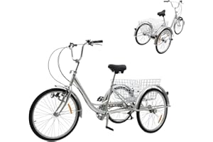 HUSPOO Adult Tricycle 24 Inch, 6 Speed Adults Bike Cruise Trike 3 Wheel with Shopping Basket Light Cargo Trike for Outdoor Sports Shopping