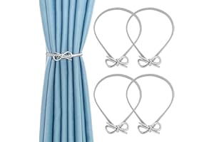 Sheryl&Rain Pack of 4 Curtain Tiebacks for Curtains Silver Bow Knots, Adjustable Tiebacks for Curtains with Feather Rope, Curtain Holder, Tieback, Curtain Clip for Home Decoration, Cafe, Office